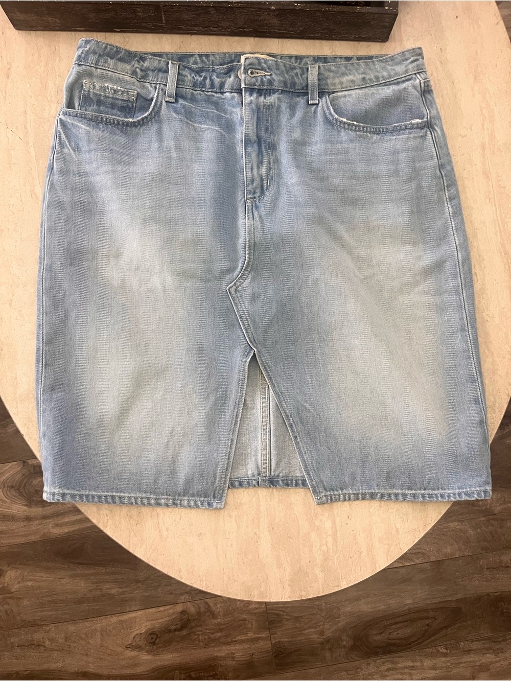 L'AGENCE Light Blue Denim Midi Skirt with Front Kick Slit